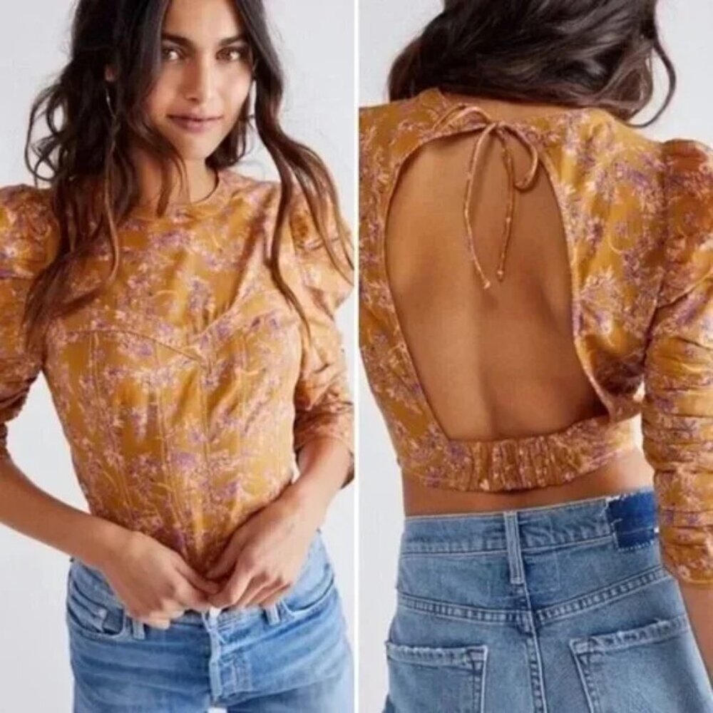 Free People Brown‎ Floral Monica Backless Crop Top